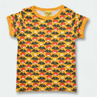 Children's t-shirt with colorful mushroom pattern on a yellow background
