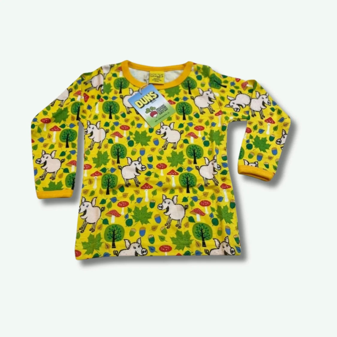 Children's long-sleeve shirt with a colorful animal pattern on a white background