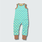 Clover print baby romper dungaree in capri blue with buckthorn brown trim, DUNS Sweden – baby clothes, dungarees newborn