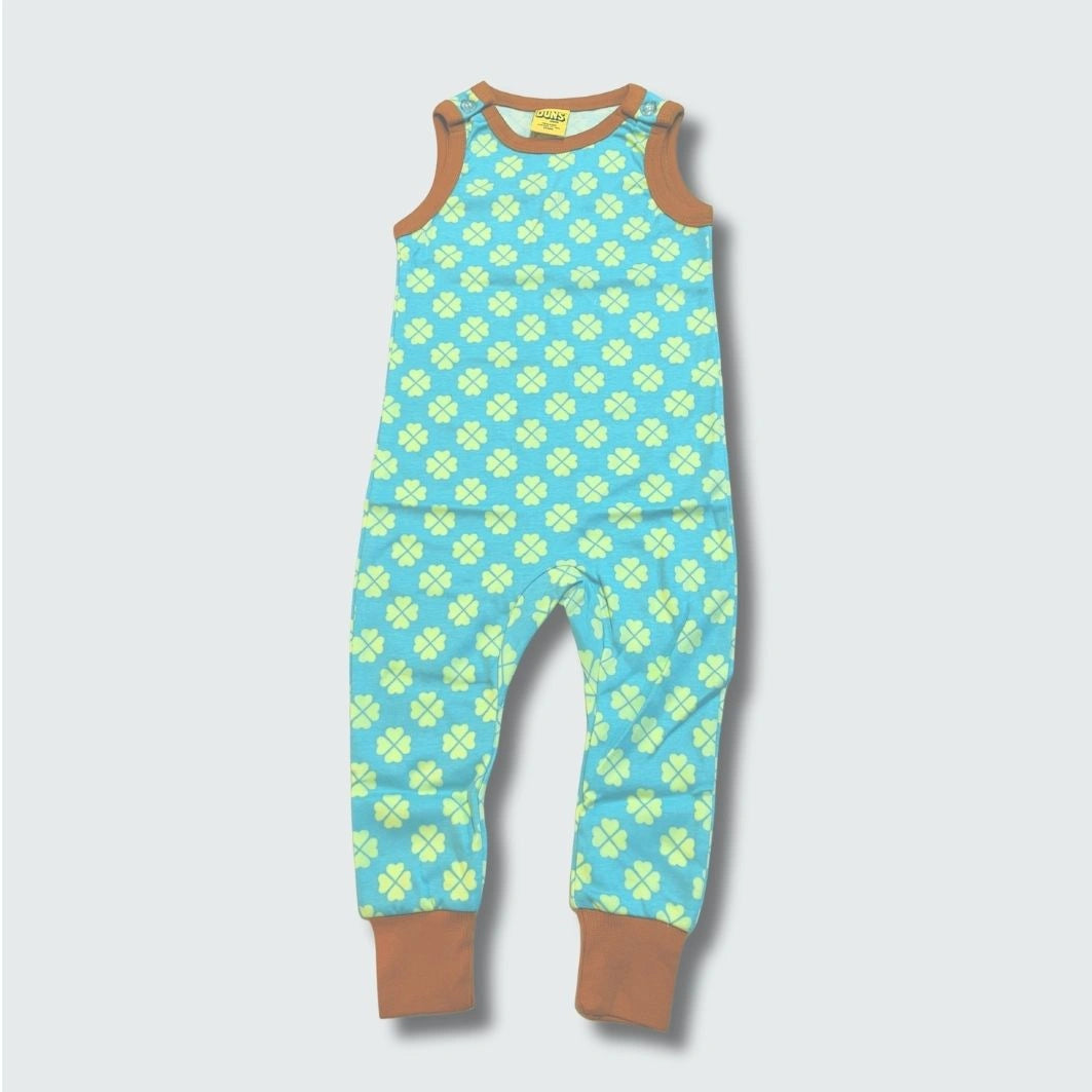 Clover print baby romper dungaree in capri blue with buckthorn brown trim, DUNS Sweden – baby clothes, dungarees newborn