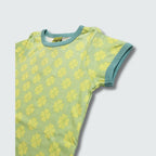 Clover print organic infant shirt in green ash with capri blue trim, DUNS Sweden – infant shirts, organic infant clothes