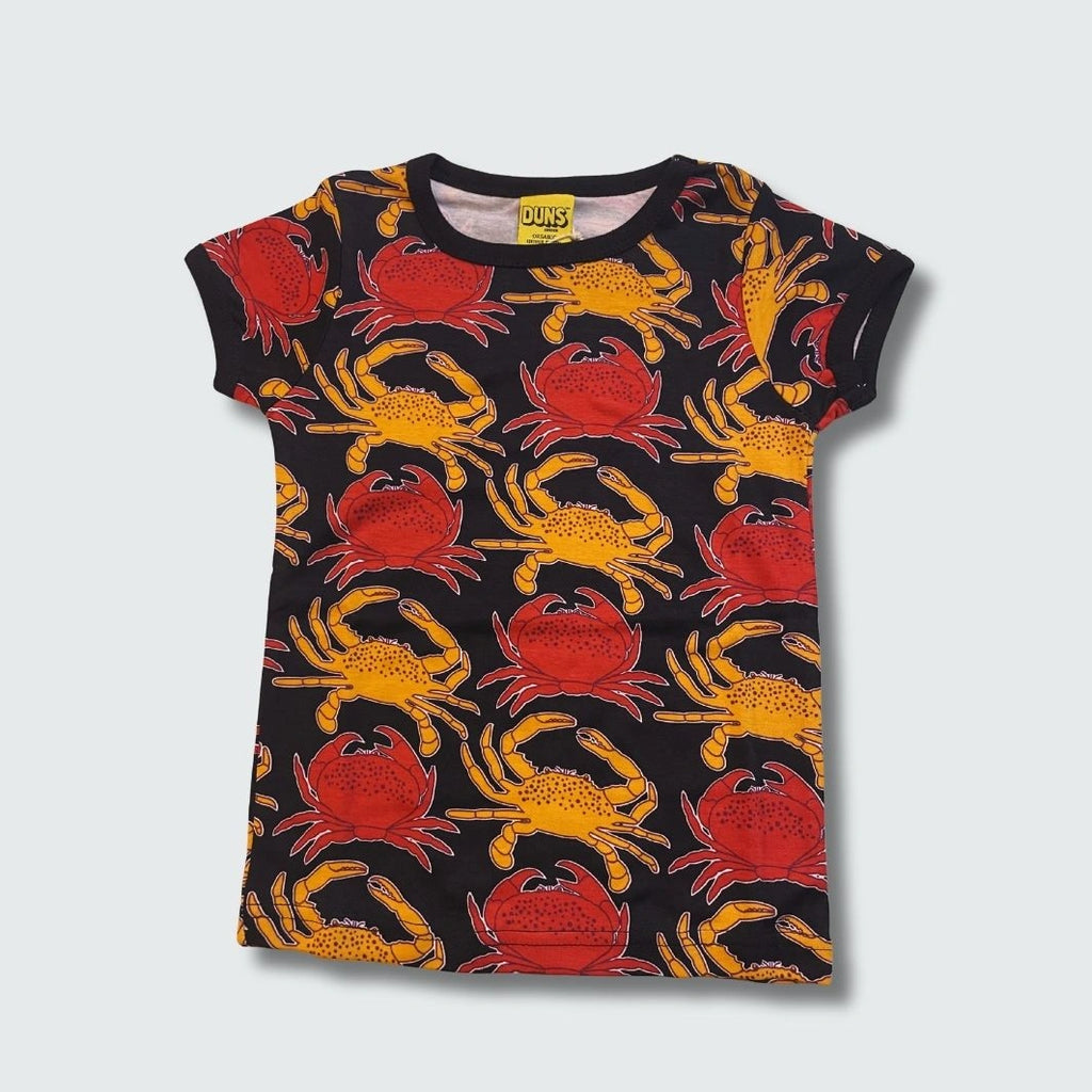 Crab print organic kidswear short sleeve top in black with black trim, DUNS Sweden – kidswear, infant shirts