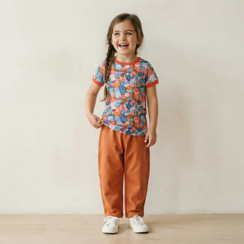 A young girl with braided hair stands smiling in a studio setting, wearing a short-sleeve ringer t-shirt with a colorful abstract pattern and orange trim, paired with orange pants and white sneakers.