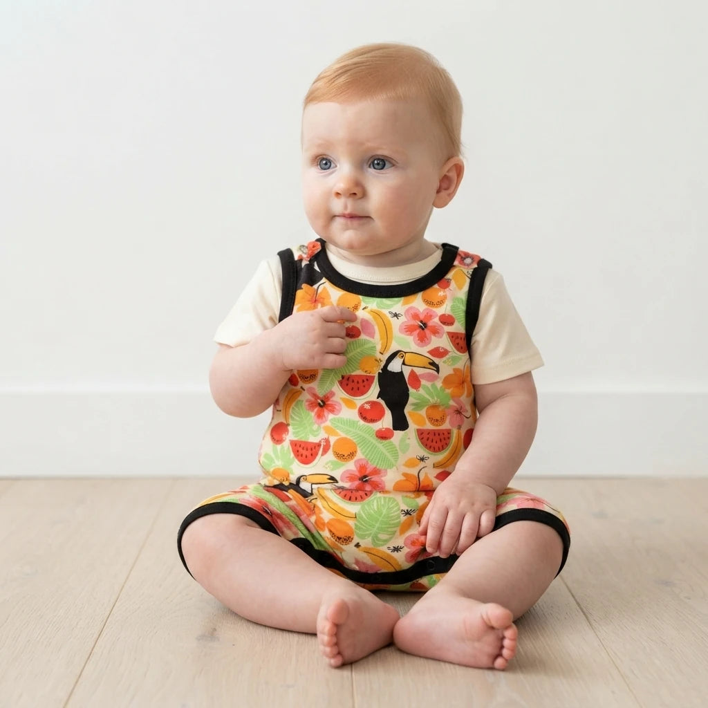 A baby sitting on a light wood floor against a white wall, wearing a short-sleeve romper with a colorful tropical print of toucans, fruit, and flowers over a cream shirt.