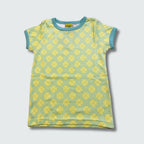 Green clover print baby shirt in green ash with capri blue trim, DUNS Sweden – infant shirts, baby clothes