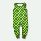 Green baby romper with four-leaf clover pattern on a white background