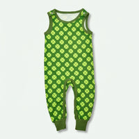 Green baby romper with four-leaf clover pattern on a white background