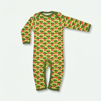 Children's onesie with red and green pattern on a white background