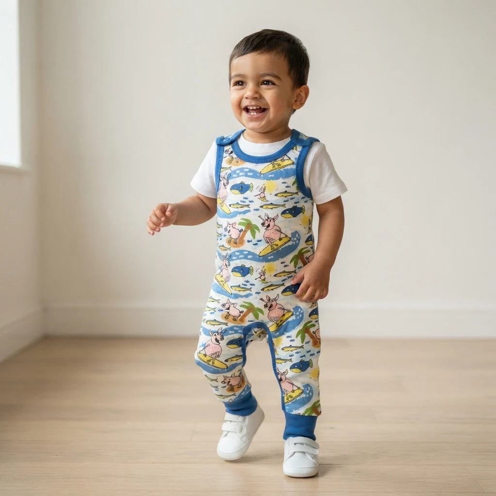 A smiling toddler walking indoors wearing a white short-sleeve shirt under a blue sleeveless overall-style romper with a colorful cartoon animal print, paired with blue ribbed cuffs and white sneakers.