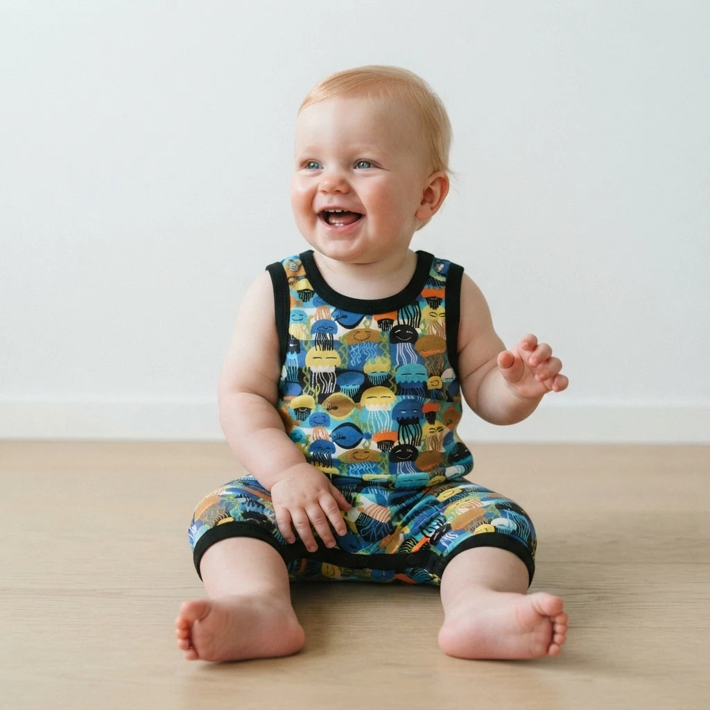 Baby boy wearing organic baby clothes infant romper