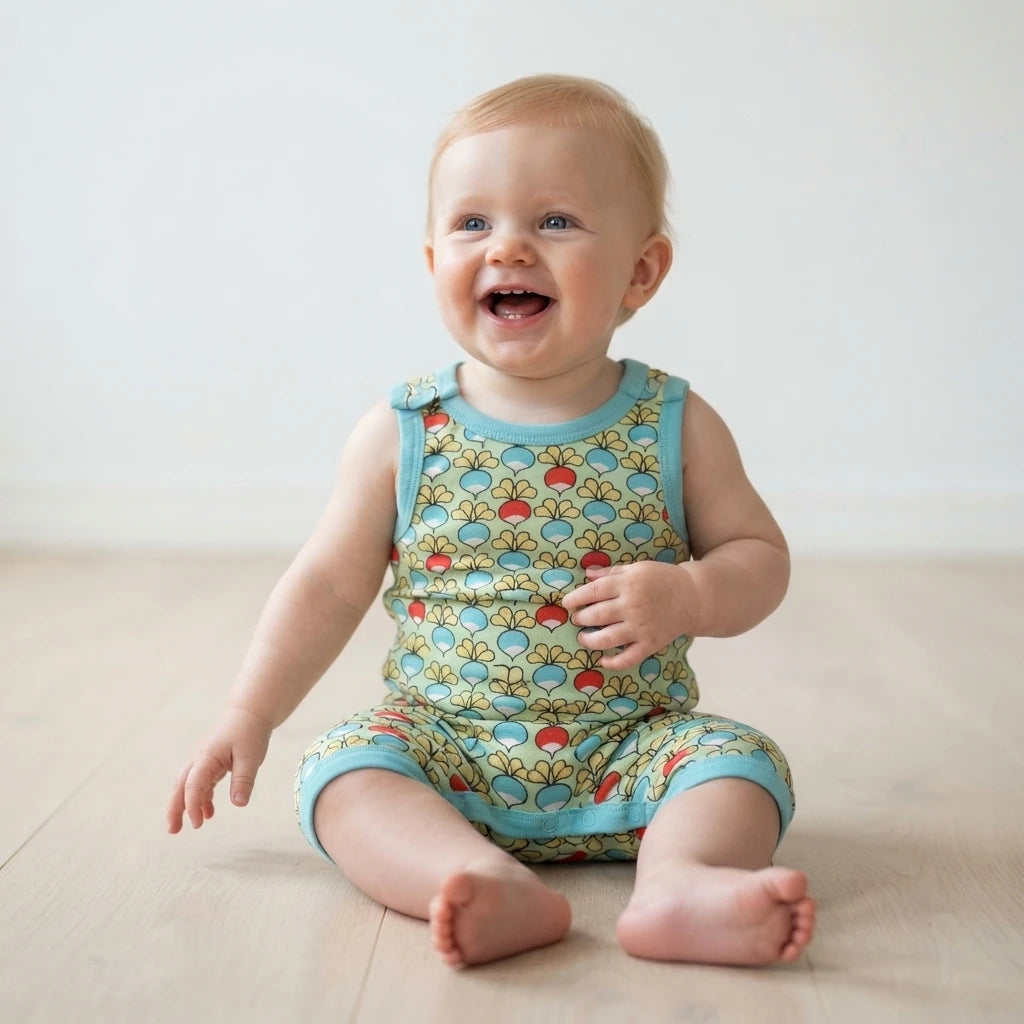 A smiling baby sitting on a light wooden floor wearing a sleeveless light blue romper with a colorful pattern of cartoon bees and flowers.