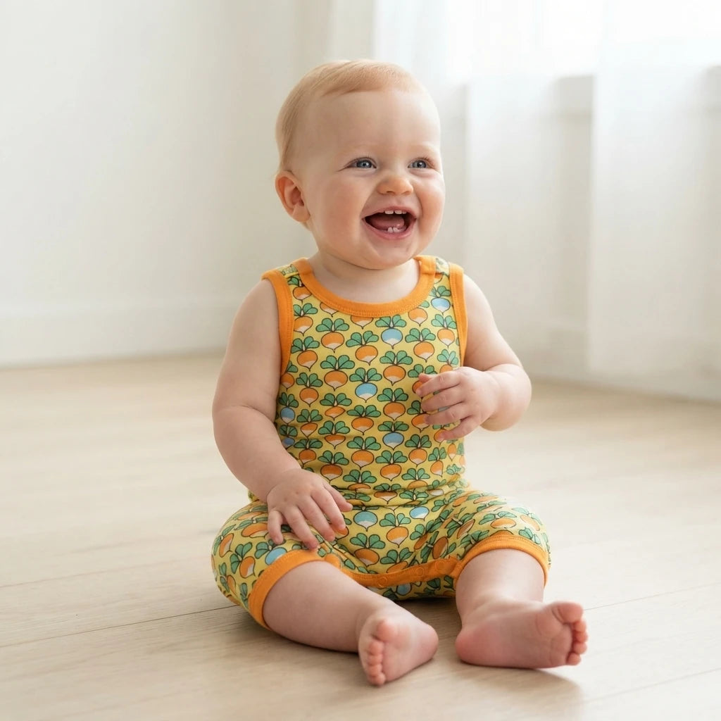A smiling baby sitting on a light wooden floor wearing a yellow and green patterned sleeveless romper with orange trim.
