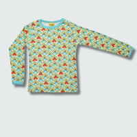 Multi radish print long sleeve top in green ash with capri blue trim, DUNS Sweden – infant shirts, infant clothes unisex