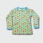 Multi radish print long sleeve top in green ash with capri blue trim, DUNS Sweden – infant shirts, infant clothes unisex