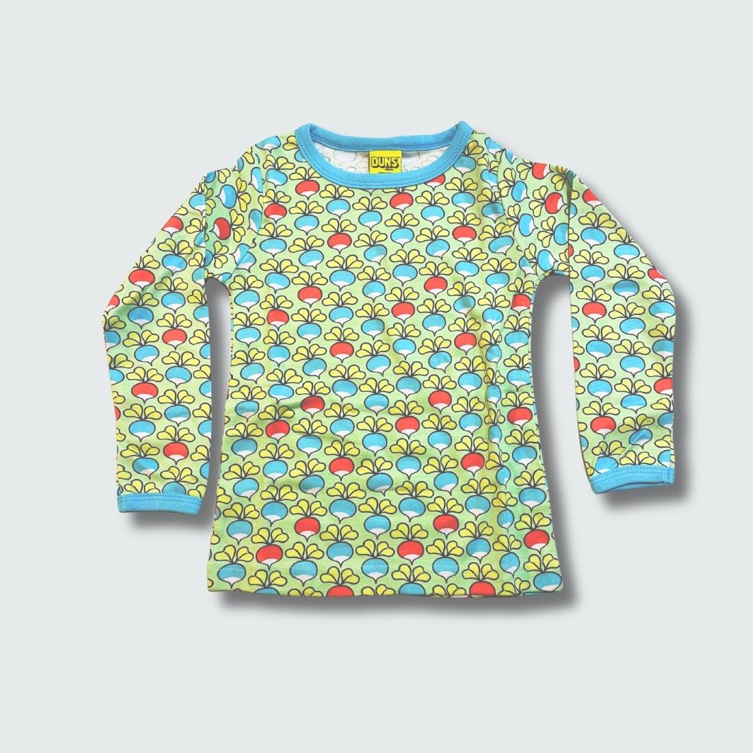 Multi radish print long sleeve top in green ash with capri blue trim, DUNS Sweden – infant shirts, infant clothes unisex