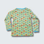 Multi radish print long sleeve top in green ash with capri blue trim, DUNS Sweden – infant shirts, infant clothes unisex