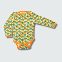 Multi radish print long sleeve bodysuit onesie in yellow cream with radiant yellow trim, DUNS Sweden – infant yellow onesie, newborn clothing summer