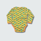 Multi radish print infant yellow onesie bodysuit in yellow cream with radiant yellow trim, DUNS Sweden – infant yellow onesie, newborn clothing summer