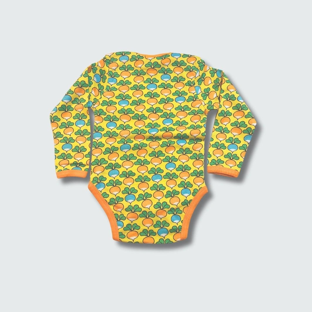 Multi radish print infant yellow onesie bodysuit in yellow cream with radiant yellow trim, DUNS Sweden – infant yellow onesie, newborn clothing summer