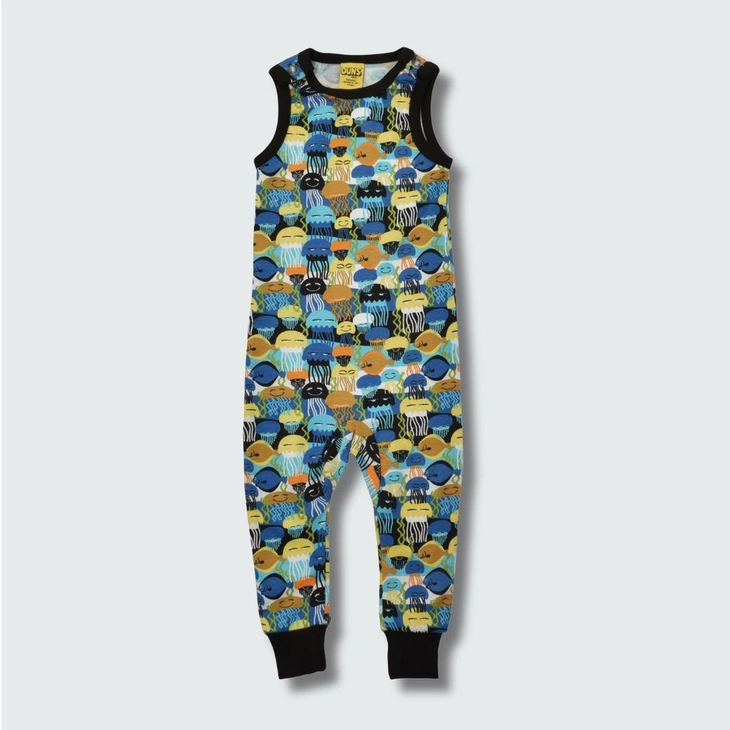Jellyfish print baby romper dungaree in black with black trim, DUNS Sweden – baby clothes, rompers suit