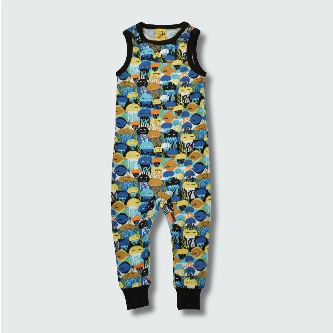 Jellyfish print baby romper dungaree in black with black trim, DUNS Sweden – baby clothes, rompers suit