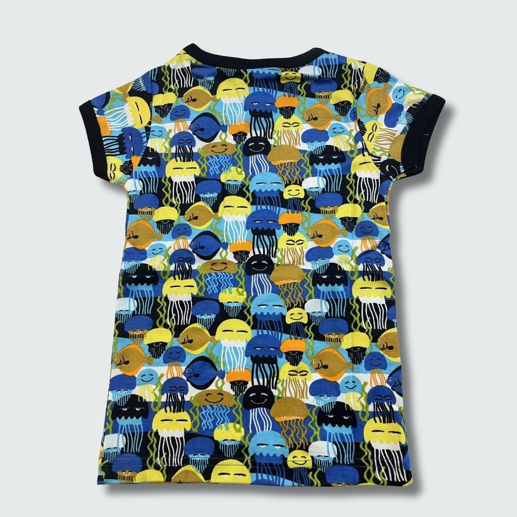 Jellyfish print short sleeve top styled with matching toddler dress, in black with black trim, DUNS Sweden – toddler dress, infant shirts