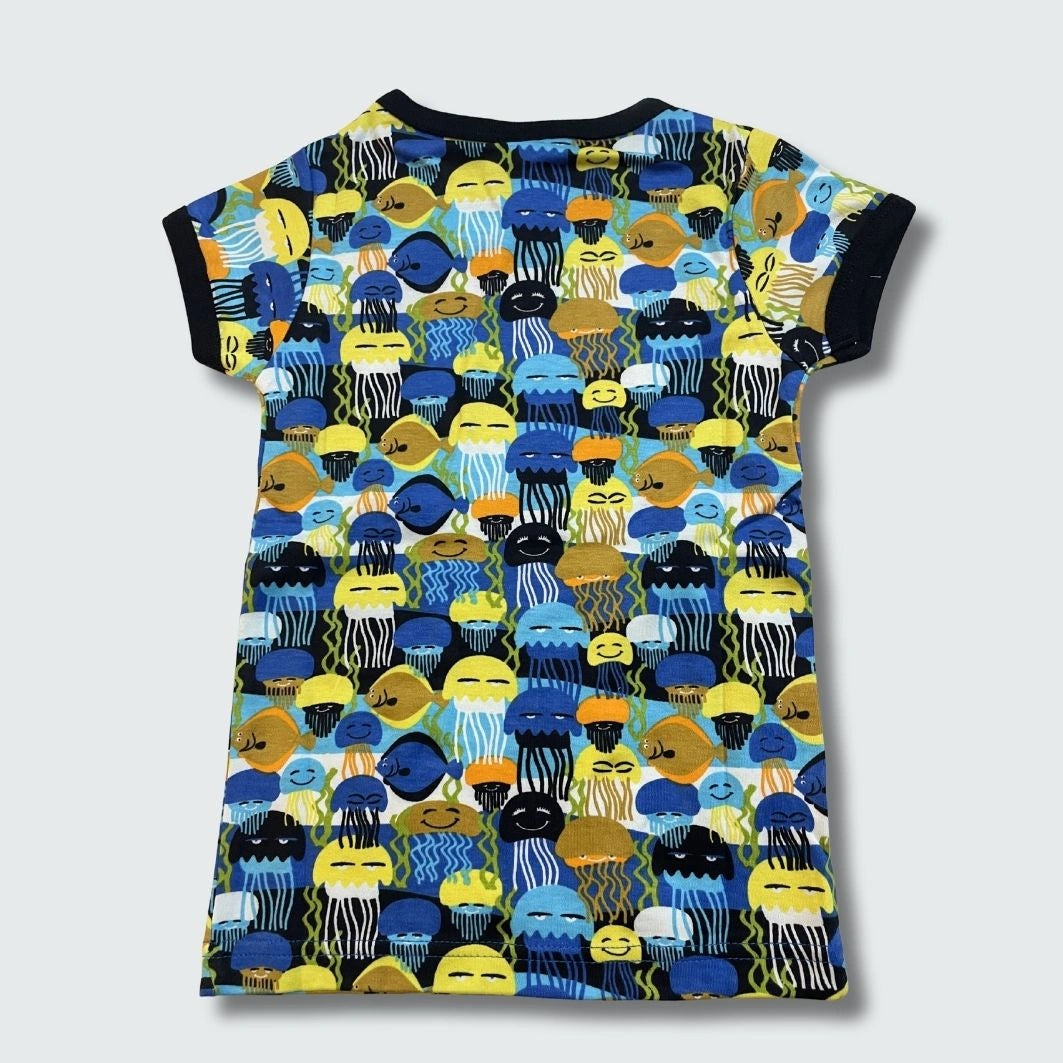 Jellyfish print short sleeve top styled with matching toddler dress, in black with black trim, DUNS Sweden – toddler dress, infant shirts
