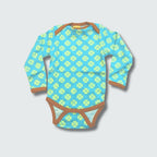 Clover print long sleeve bodysuit in capri blue with buckthorn brown trim, DUNS Sweden – newborn clothing summer, infant clothes unisex