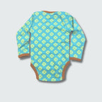 Clover print long sleeve bodysuit in capri blue with buckthorn brown trim, DUNS Sweden – newborn clothing summer, infant clothes unisex