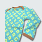 Clover print long sleeve bodysuit in capri blue with buckthorn brown trim, DUNS Sweden – newborn clothing summer, infant clothes unisex