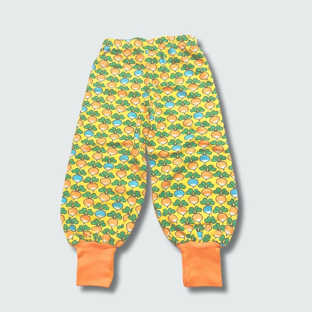 Multi radish print baggy pants in yellow cream with radiant yellow trim, DUNS Sweden – newborn clothing summer, infant clothes unisex