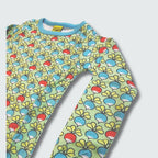 Multi radish print long sleeve top in green ash with capri blue trim, DUNS Sweden – newborn clothing summer, infant clothes unisex