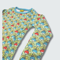 Multi radish print long sleeve top in green ash with capri blue trim, DUNS Sweden – newborn clothing summer, infant clothes unisex