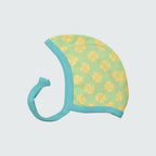 Clover print baby bonnet in green ash with capri blue trim, DUNS Sweden – newborn clothing summer, infant clothes unisex