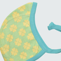Clover print baby bonnet in green ash with capri blue trim, DUNS Sweden – newborn clothing summer, infant clothes unisex