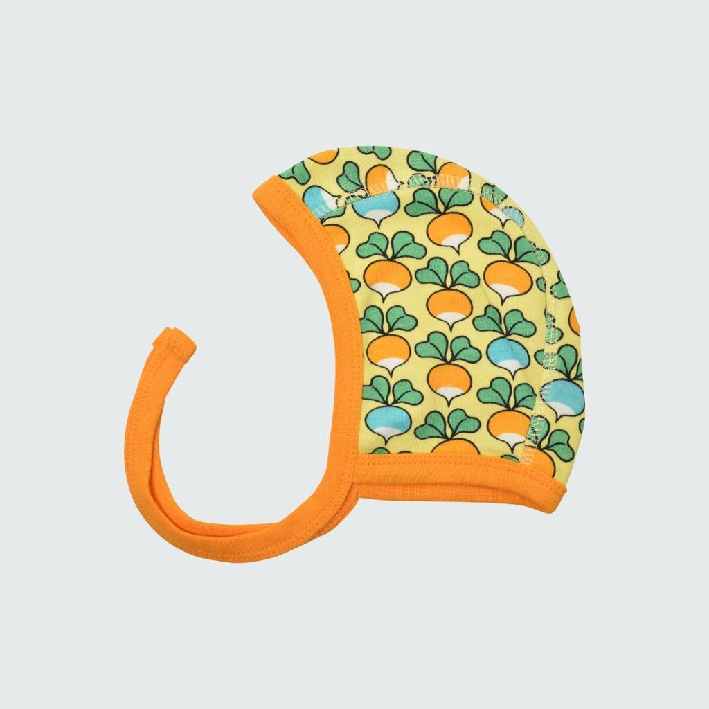 Multi radish print baby bonnet in yellow cream with radiant yellow trim, DUNS Sweden – newborn clothing summer, infant clothes unisex