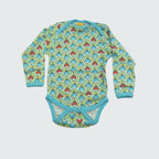 Multi radish print long sleeve bodysuit in green ash with capri blue trim, DUNS Sweden – newborn clothing summer, infant clothes unisex