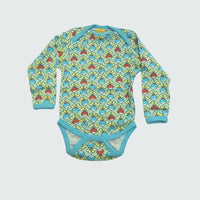 Multi radish print long sleeve bodysuit in green ash with capri blue trim, DUNS Sweden – newborn clothing summer, infant clothes unisex