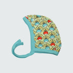 Multi radish print baby bonnet in green ash with capri blue trim, DUNS Sweden – newborn clothing summer, infant clothes unisex