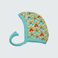 Multi radish print baby bonnet in green ash with capri blue trim, DUNS Sweden – newborn clothing summer, infant clothes unisex