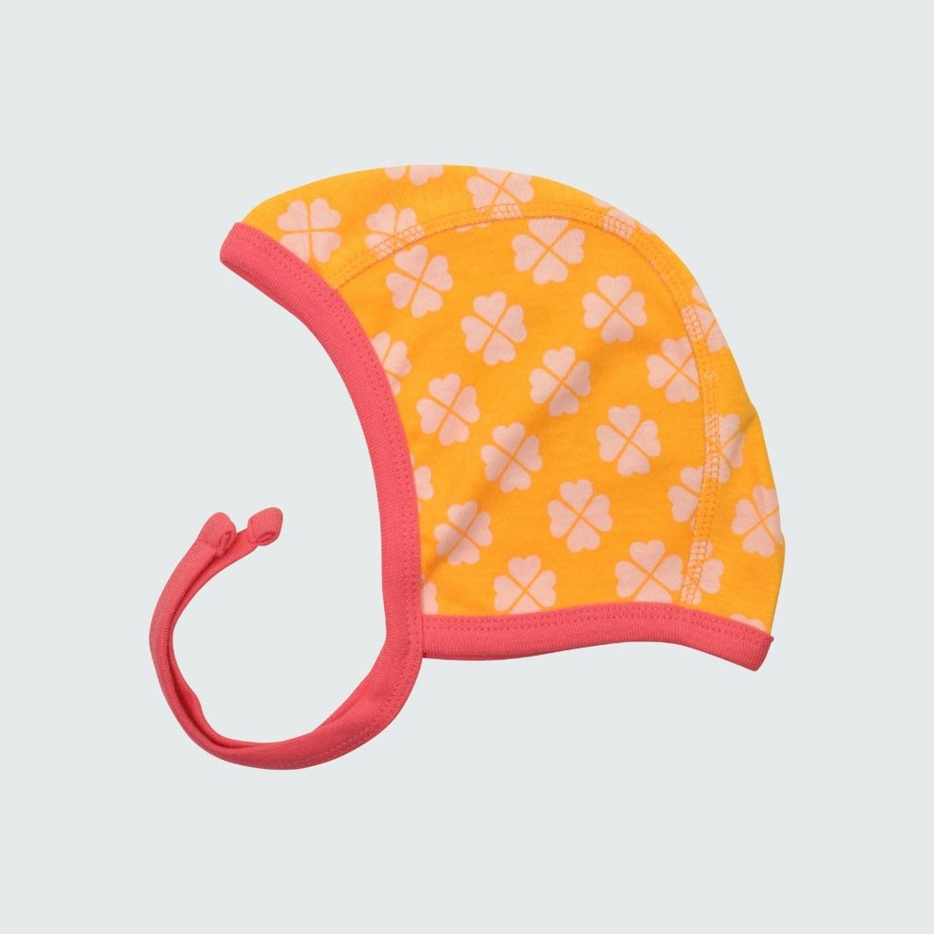 Clover print baby bonnet in radiant yellow with hot pink trim, DUNS Sweden – newborn clothing summer, infant clothes unisex