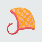 Clover print baby bonnet in radiant yellow with hot pink trim, DUNS Sweden – newborn clothing summer, infant clothes unisex