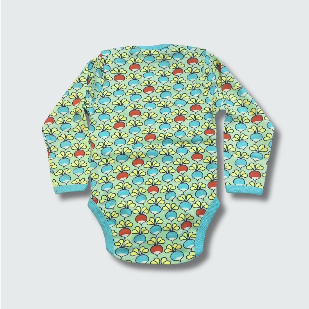 Multi radish print long sleeve bodysuit in green ash with capri blue trim, DUNS Sweden – newborn clothing summer, infant clothes unisex