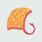 Clover print baby bonnet in radiant yellow with hot pink trim, DUNS Sweden – newborn clothing summer, infant clothes unisex