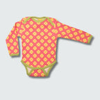 Clover print long sleeve bodysuit in hot pink with bright chartreuse green trim, DUNS Sweden – newborn clothing summer, infant clothes unisex
