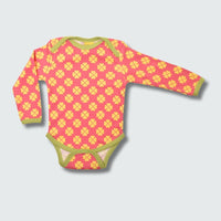 Clover print long sleeve bodysuit in hot pink with bright chartreuse green trim, DUNS Sweden – newborn clothing summer, infant clothes unisex