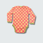Clover print long sleeve bodysuit in hot pink with bright chartreuse green trim, DUNS Sweden – newborn clothing summer, infant clothes unisex