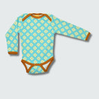Clover print long sleeve bodysuit in capri blue with buckthorn brown trim, DUNS Sweden – newborn clothing summer, infant clothes unisex