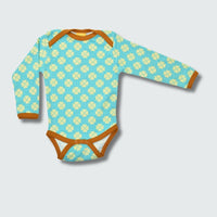 Clover print long sleeve bodysuit in capri blue with buckthorn brown trim, DUNS Sweden – newborn clothing summer, infant clothes unisex