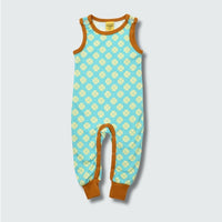Clover print romper dungaree in capri blue with buckthorn brown trim, DUNS Sweden – newborn summer clothing, dungarees newborn
